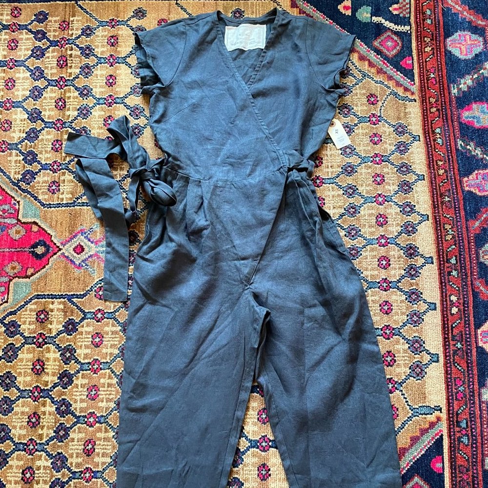 Not Perfect Linen Gray Charcoal Wrap Coverall One Short Sleeve Piece Jumper